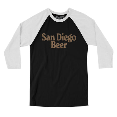 San Diego Beer Men/Unisex Raglan 3/4 Sleeve T-Shirt-Black with White-Allegiant Goods Co. Vintage Sports Apparel