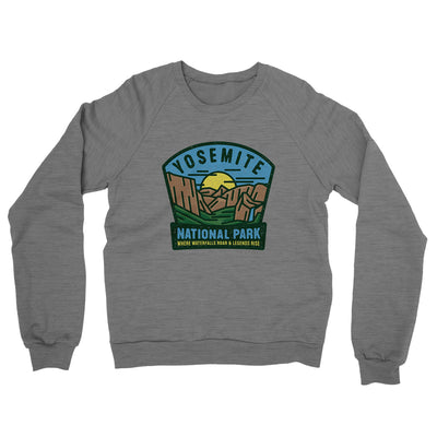 Yosemite National Park Badge Midweight French Terry Crewneck Sweatshirt-Graphite Heather-Allegiant Goods Co. Vintage Sports Apparel