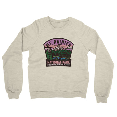 Mt. Rainier National Park Badge Midweight French Terry Crewneck Sweatshirt-Heather Oatmeal-Allegiant Goods Co. Vintage Sports Apparel