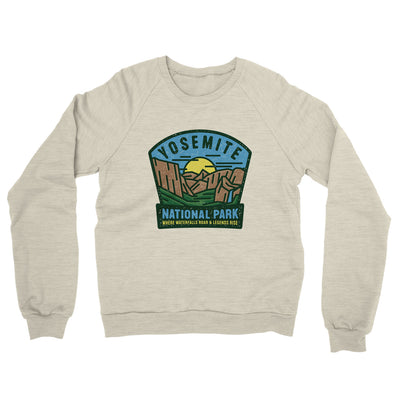Yosemite National Park Badge Midweight French Terry Crewneck Sweatshirt-Heather Oatmeal-Allegiant Goods Co. Vintage Sports Apparel