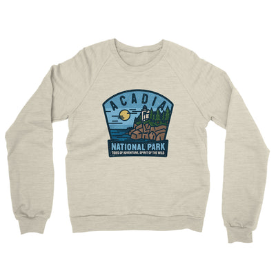 Acadia National Park Badge Midweight French Terry Crewneck Sweatshirt-Heather Oatmeal-Allegiant Goods Co. Vintage Sports Apparel