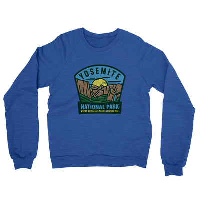 Yosemite National Park Badge Midweight French Terry Crewneck Sweatshirt-Heather Royal-Allegiant Goods Co. Vintage Sports Apparel