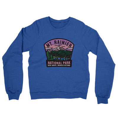 Mt. Rainier National Park Badge Midweight French Terry Crewneck Sweatshirt-Heather Royal-Allegiant Goods Co. Vintage Sports Apparel