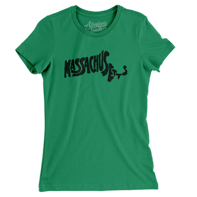 Massachusetts State Shape Text Women's T-Shirt-Kelly Green-Allegiant Goods Co. Vintage Sports Apparel