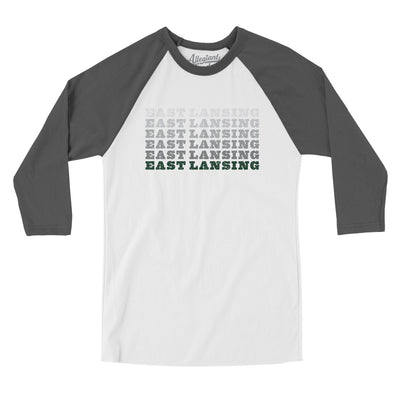 East Lansing Repeat Men/Unisex Raglan 3/4 Sleeve T-Shirt-White with Asphalt-Allegiant Goods Co. Vintage Sports Apparel