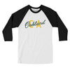 Oakland Ca Overprint Men/Unisex Raglan 3/4 Sleeve T-Shirt-White with Black-Allegiant Goods Co. Vintage Sports Apparel