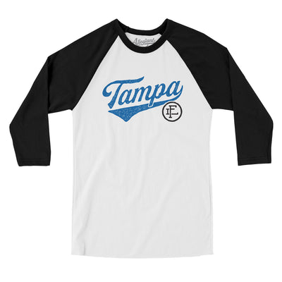 Tampa Vintage Script Men/Unisex Raglan 3/4 Sleeve T-Shirt-White with Black-Allegiant Goods Co. Vintage Sports Apparel