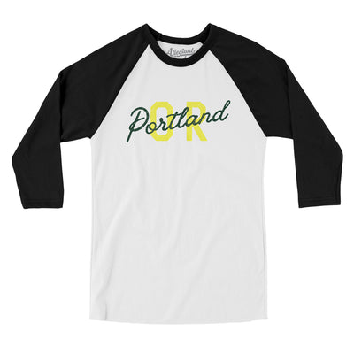 Portland Or Overprinted Men/Unisex Raglan 3/4 Sleeve T-Shirt-White with Black-Allegiant Goods Co. Vintage Sports Apparel