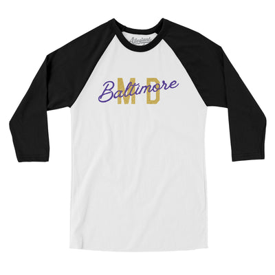 Baltimore Md Overprinted Men/Unisex Raglan 3/4 Sleeve T-Shirt-White with Black-Allegiant Goods Co. Vintage Sports Apparel