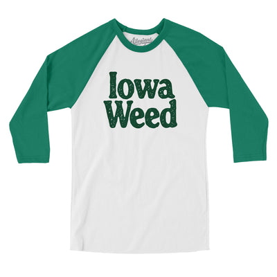 Iowa Weed Men/Unisex Raglan 3/4 Sleeve T-Shirt-White with Kelly-Allegiant Goods Co. Vintage Sports Apparel