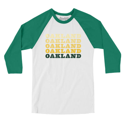 Oakland Repeat Men/Unisex Raglan 3/4 Sleeve T-Shirt-White with Kelly-Allegiant Goods Co. Vintage Sports Apparel