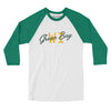 Green Bay Wi Overprinted Men/Unisex Raglan 3/4 Sleeve T-Shirt-White with Kelly-Allegiant Goods Co. Vintage Sports Apparel