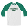 Rhode Island Weed Men/Unisex Raglan 3/4 Sleeve T-Shirt-White with Kelly-Allegiant Goods Co. Vintage Sports Apparel