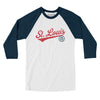 St Louis Vintage Script Men/Unisex Raglan 3/4 Sleeve T-Shirt-White with Navy-Allegiant Goods Co. Vintage Sports Apparel