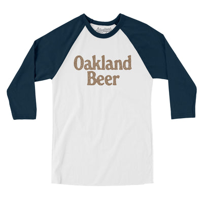 Oakland Beer Men/Unisex Raglan 3/4 Sleeve T-Shirt-White with Navy-Allegiant Goods Co. Vintage Sports Apparel