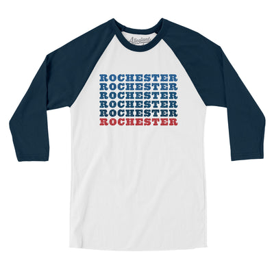 Rochester Repeat Men/Unisex Raglan 3/4 Sleeve T-Shirt-White with Navy-Allegiant Goods Co. Vintage Sports Apparel