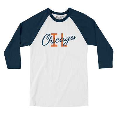 Chicago Illinois Overprinted Men/Unisex Raglan 3/4 Sleeve T-Shirt-White with Navy-Allegiant Goods Co. Vintage Sports Apparel