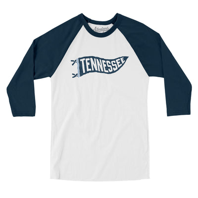 Tennessee Pennant Men/Unisex Raglan 3/4 Sleeve T-Shirt-White with Navy-Allegiant Goods Co. Vintage Sports Apparel