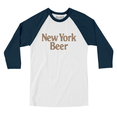 New York Beer Men/Unisex Raglan 3/4 Sleeve T-Shirt-White with Navy-Allegiant Goods Co. Vintage Sports Apparel