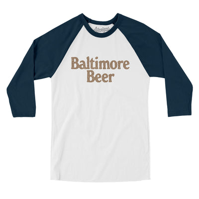 Baltimore Beer Men/Unisex Raglan 3/4 Sleeve T-Shirt-White with Navy-Allegiant Goods Co. Vintage Sports Apparel