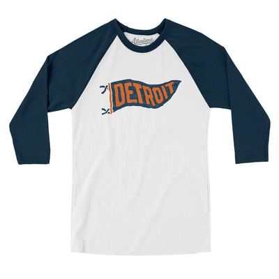 Detroit Pennant Men/Unisex Raglan 3/4 Sleeve T-Shirt-White with Navy-Allegiant Goods Co. Vintage Sports Apparel