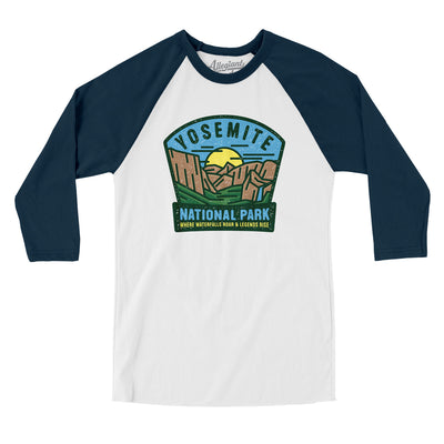 Yosemite National Park Badge Men/Unisex Raglan 3/4 Sleeve T-Shirt-White with Navy-Allegiant Goods Co. Vintage Sports Apparel