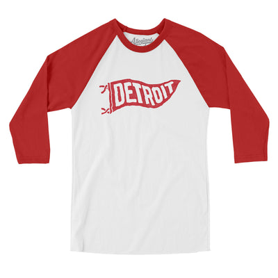 Detroit Pennant Men/Unisex Raglan 3/4 Sleeve T-Shirt-White with Red-Allegiant Goods Co. Vintage Sports Apparel