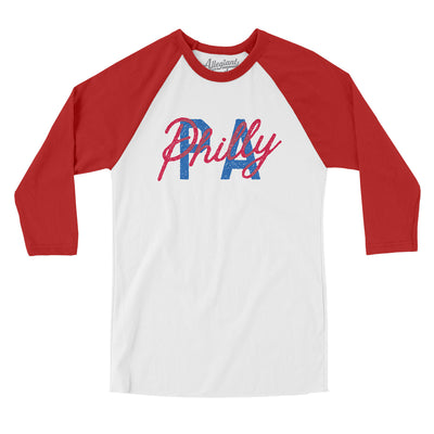 Philly Pa Overprinted Men/Unisex Raglan 3/4 Sleeve T-Shirt-White with Red-Allegiant Goods Co. Vintage Sports Apparel