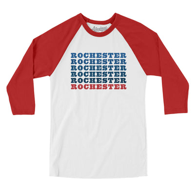 Rochester Repeat Men/Unisex Raglan 3/4 Sleeve T-Shirt-White with Red-Allegiant Goods Co. Vintage Sports Apparel