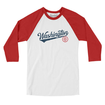 Washington Dc Vintage Script Men/Unisex Raglan 3/4 Sleeve T-Shirt-White with Red-Allegiant Goods Co. Vintage Sports Apparel