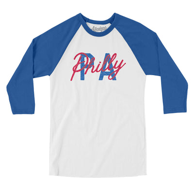 Philly Pa Overprinted Men/Unisex Raglan 3/4 Sleeve T-Shirt-White with True Royal-Allegiant Goods Co. Vintage Sports Apparel