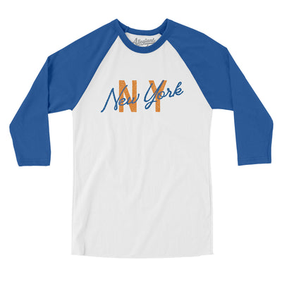 New York Ny Overprinted Men/Unisex Raglan 3/4 Sleeve T-Shirt-White with True Royal-Allegiant Goods Co. Vintage Sports Apparel