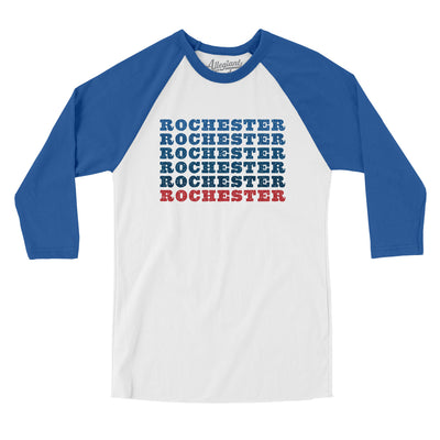 Rochester Repeat Men/Unisex Raglan 3/4 Sleeve T-Shirt-White with True Royal-Allegiant Goods Co. Vintage Sports Apparel