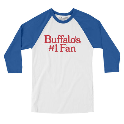 Buffalo's Number 1 Fan Men/Unisex Raglan 3/4 Sleeve T-Shirt-White with True Royal-Allegiant Goods Co. Vintage Sports Apparel