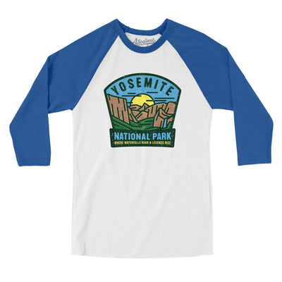 Yosemite National Park Badge Men/Unisex Raglan 3/4 Sleeve T-Shirt-White with True Royal-Allegiant Goods Co. Vintage Sports Apparel