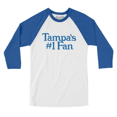 Tampa's Number 1 Fan Men/Unisex Raglan 3/4 Sleeve T-Shirt-White with True Royal-Allegiant Goods Co. Vintage Sports Apparel