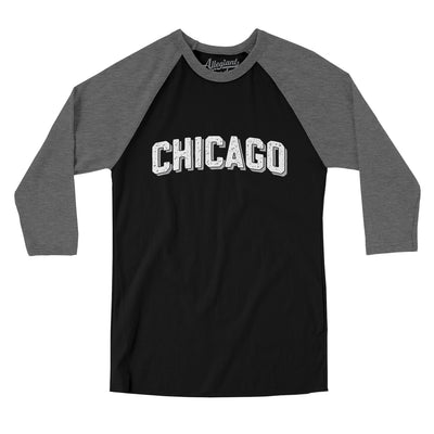 Chicago Varsity Men/Unisex Raglan 3/4 Sleeve T-Shirt-Black|Deep Heather-Allegiant Goods Co. Vintage Sports Apparel